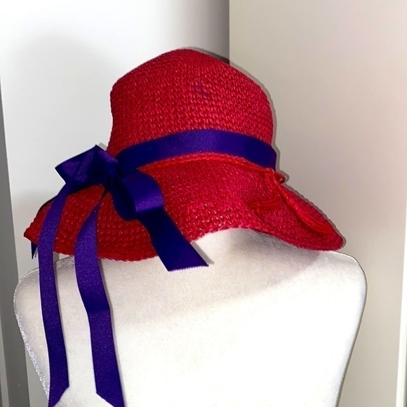 Red Hat Society Casual Straw Hat Purple Ribbon Summer Floppy Relaxed Bohemian - Picture 7 of 13